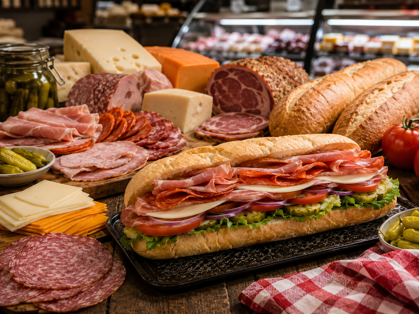 Sedo's deli spread with meats, cheeses and Italian sub